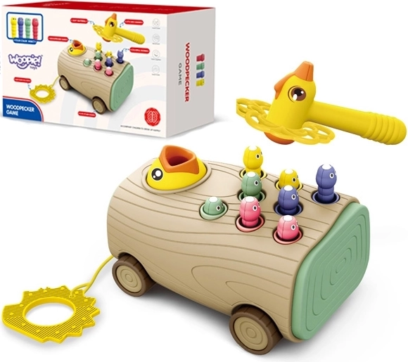 WOOPIE 3-in-1 Geschicklichkeitsspiel aus Holz mit Würmchen – Steck-, Klopf- und Ziehwagen für Babys