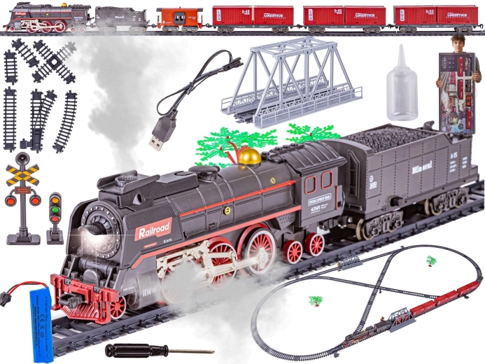 Elektrische Modelleisenbahn mit Dampflokomotive, Sound, Licht und Dampf – großes Set mit Akku