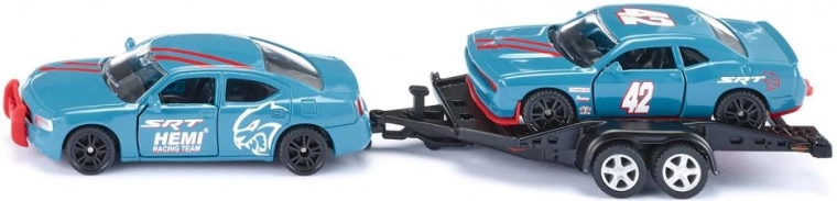 Siku Set 1:55 – Zugfahrzeug DODGE Charger mit Anhänger und Rennwagen DODGE Challenger SRT
