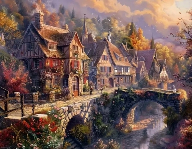 Norimpex Diamantmalerei Bergstädtchen am Wasser 30 × 40 cm