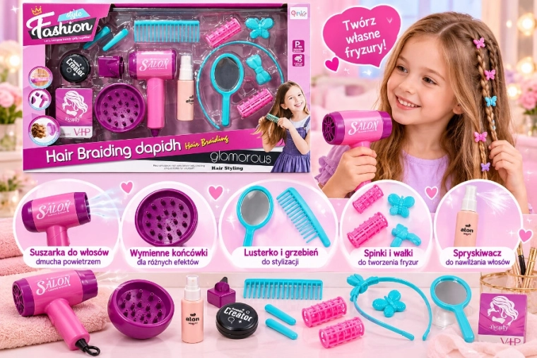 Kinder-Friseursalon-Set mit elektrischem Haartrockner und Zubehör
