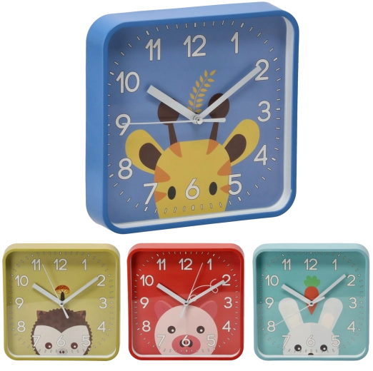Kinder-Wanduhr quadratisch 20,2 × 20,2 cm – Mix aus 4 Tiermotiven