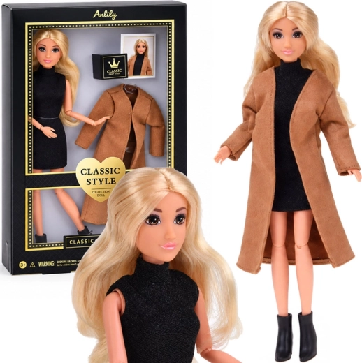 Anlily-Puppe im klassischen Stil mit braunem Mantel und schwarzem Kleid