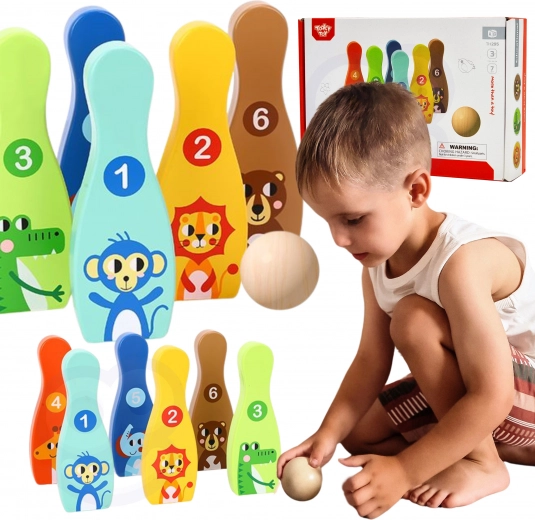 Holz-Kinderkegel mit Tieren 6 Stk. + Ball TOOKY TOY