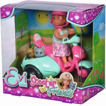 Puppe EVI LOVE auf dem Roller mit Hündchen und Kätzchen, 12 cm
