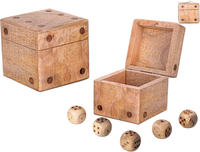 Holzwürfel aus Mangoholz mit Aufbewahrungsbox und Set aus 5 Spielwürfeln