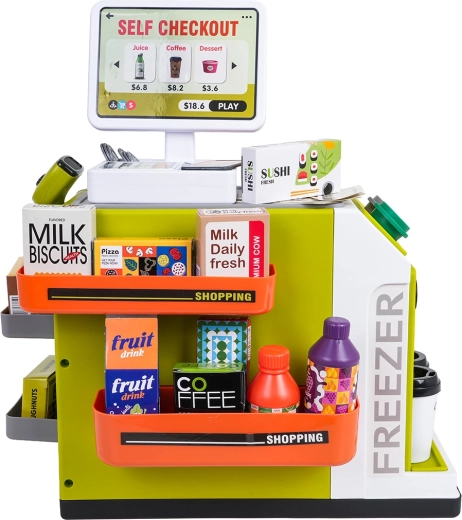 Selbstbedienungskasse mit Geräuschen und Kartenzahlung