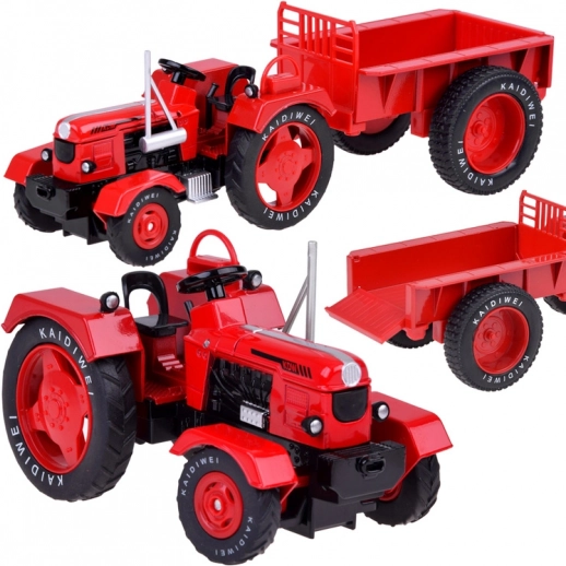 Metallroter Traktor mit Anhänger 1:18 mit Gummireifen