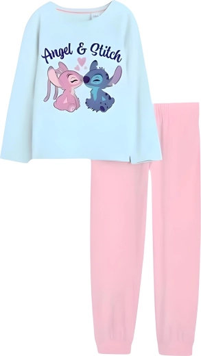 Mädchen-Baumwollpyjama Stitch & Angel in Türkis-Rosa