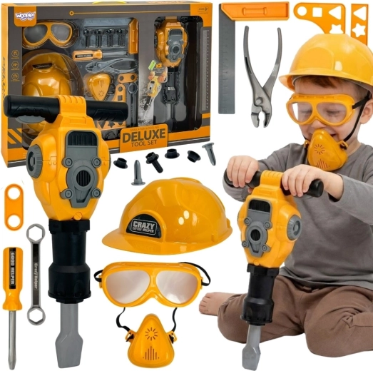 Woopie Kinder-Werkzeugset mit Drucklufthammer, Helm und Brille – 21 Teile