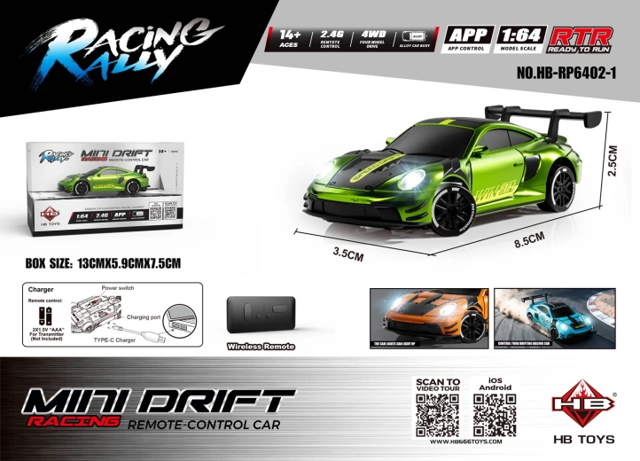 R/C Auto Mini Drift SmokeRacer, grün, im Maßstab 1:64