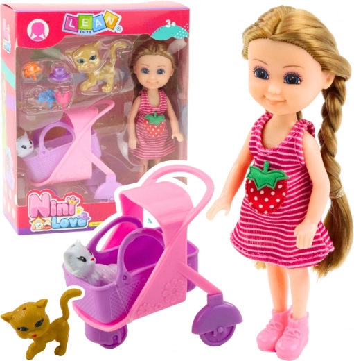 Mini-Puppe mit Kinderwagen und Kätzchen