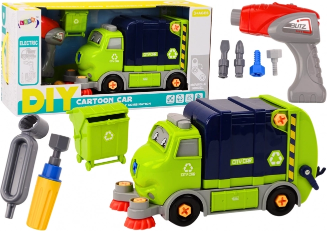 Gezeichnetes DIY-Müllabfuhr-Auto zum Zusammenbauen – blau
