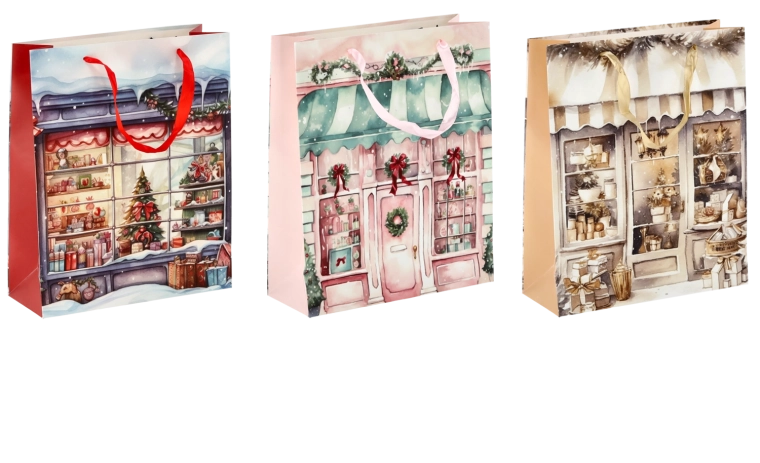 Weihnachtliche Geschenktasche mit Häuschenmotiv, glänzende Laminierung, 26 × 32 × 10 cm