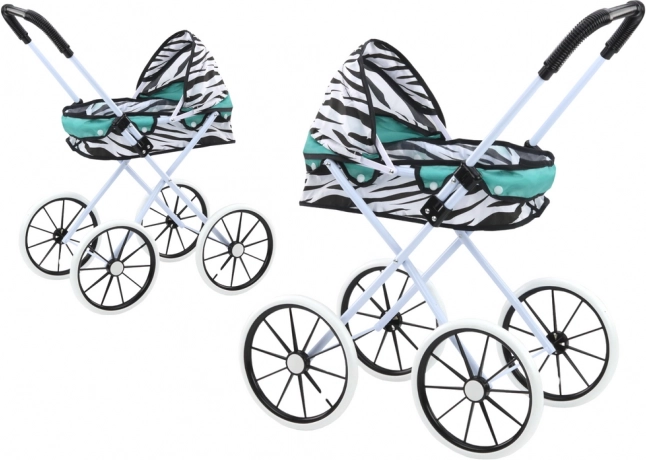 Puppenwagen mit klappbarem Verdeck, große Räder, Zebramuster – türkis