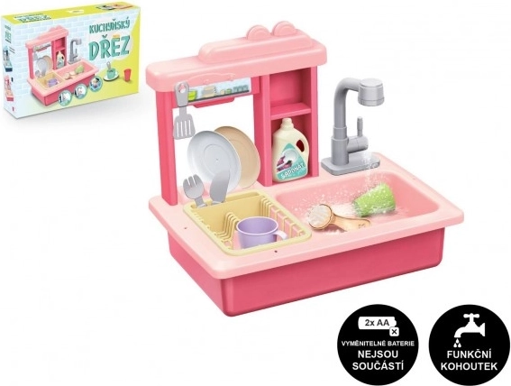 Rosa Kinderspüle mit batteriebetriebenem Wasserhahn und Zubehör