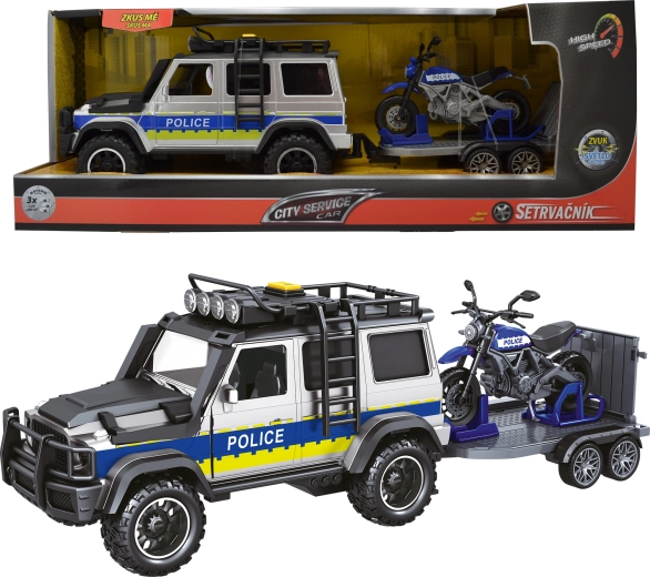 Polizeiauto mit Anhänger und Motorrad 1:14 mit Sounds und Lichtern