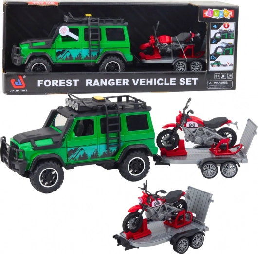 Geländewagen mit Anhänger und Motorrad mit Licht und Sound – grün