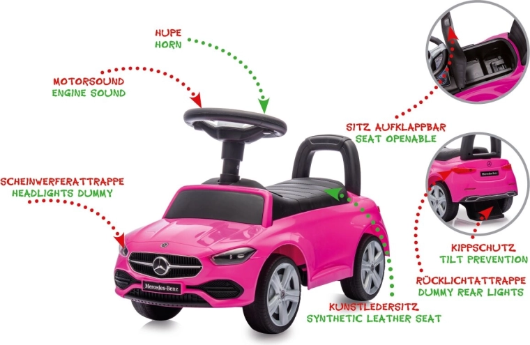 Rosa Mercedes-Benz C-Class 2-in-1-Rutschauto für Kinder