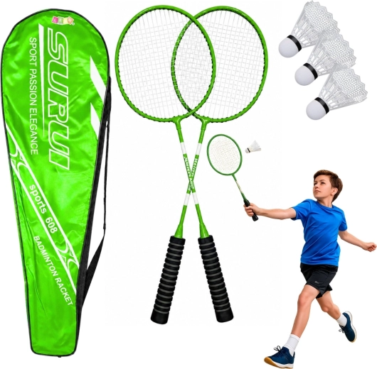 Grünes Badminton-Set: 2 Schläger, 3 Kunststoff-Federbälle und Tasche