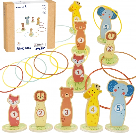 Holz-Wurfspiel mit Ringen TOOKY TOY – Tiere, 15 Teile
