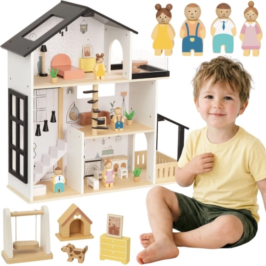 Tooky Toy Holz-Puppenhaus-Residenz mit Zubehör (31 Teile)
