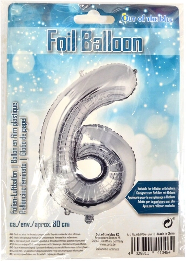 Folienballon Zahl 6 silber 80 cm