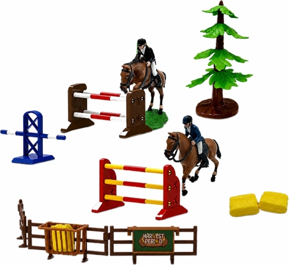 Parcours: Hindernisse, Reiter und Pferde