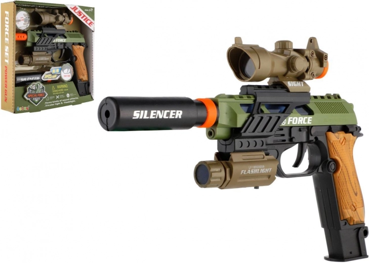 Plastikpistole mit Licht- und Soundeffekten, batteriebetrieben, mit Zubehör