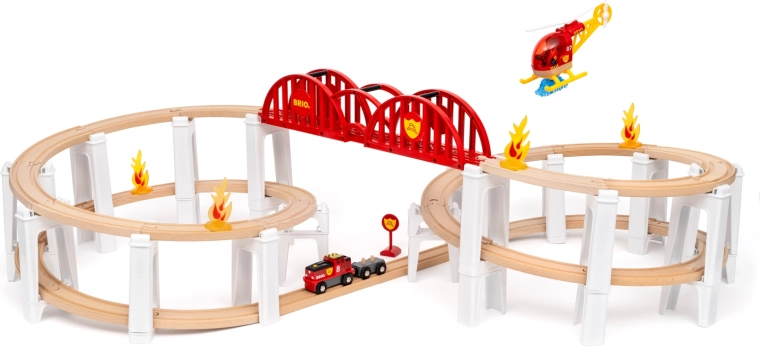 BRIO World Megaspirale – Holz-Eisenbahn mit Brücke, Feuerwehr-Zubehör und Hubschrauber