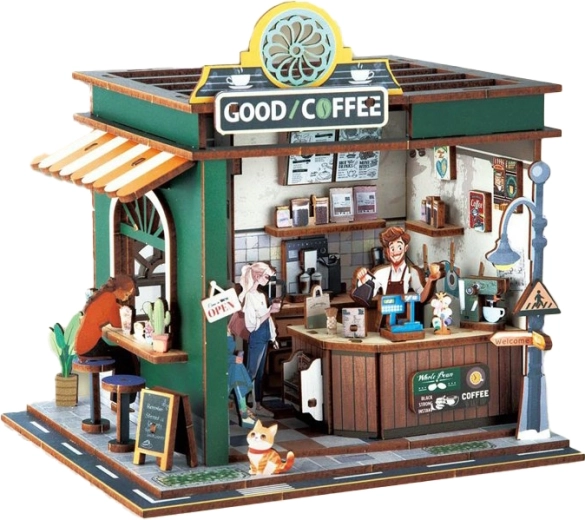 3D-Holzbausatz Café mit Lichteffekten 14,5 × 16 × 15,8 cm