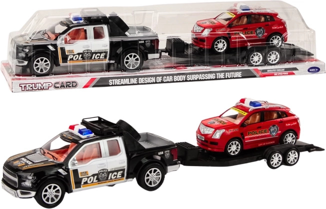 Polizei-Pick-up mit Abschleppanhänger und Geländewagen