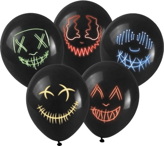 Schwarze Latexballons mit LED-Maskenaufdruck – 1 Stück
