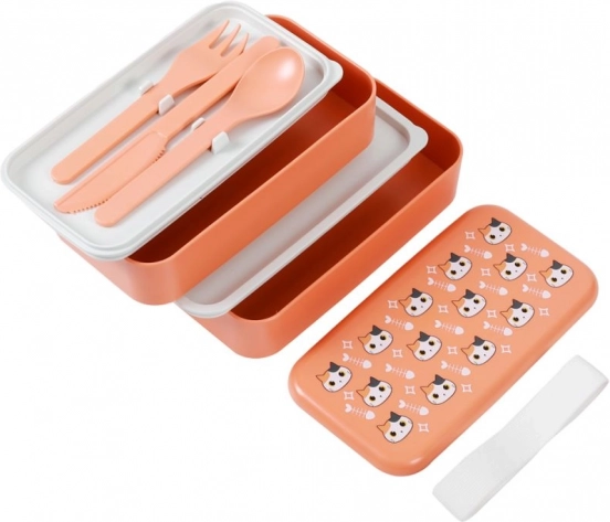 oranger Lunchbox mit Kätzchen mit Löffel und Gabel