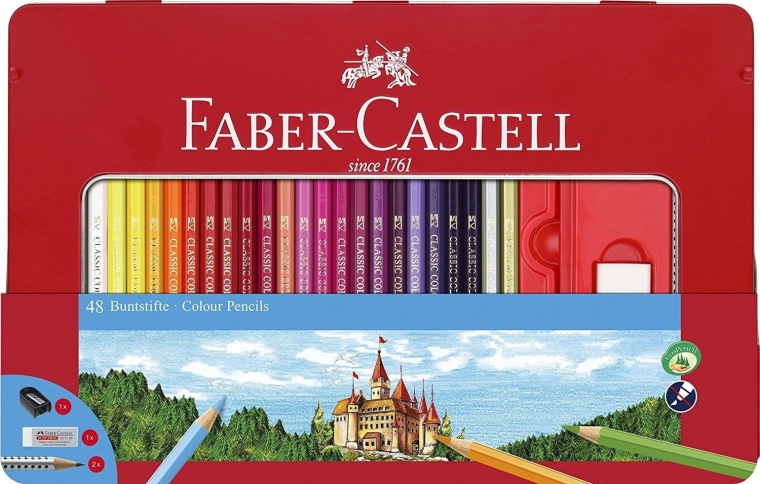 Sechskantige Holz-Buntstifte FABER-CASTELL, 48 St., im Metalletui mit Spitzer, Radiergummi und Bleistiften