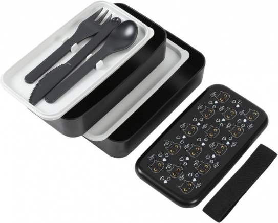 schwarze Bento-Box mit Katzenmotiv 1,2 l