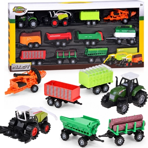 Set landwirtschaftlicher Fahrzeuge mit Traktor, Mähdrescher und Anhängern – 12 Teile
