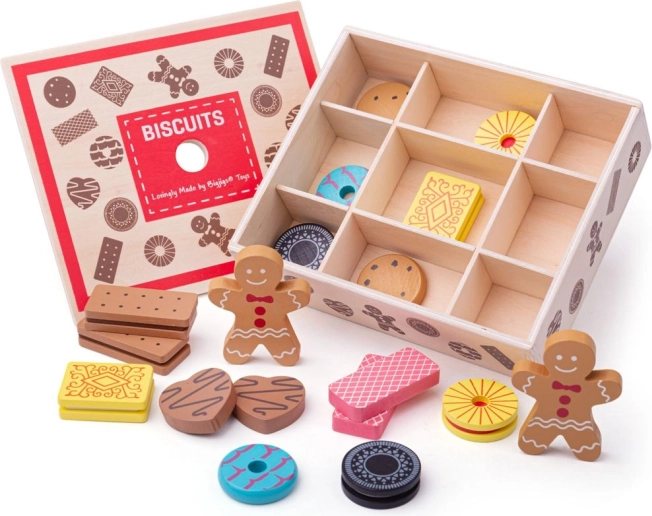 Holzkiste mit Keks-Spielzeug