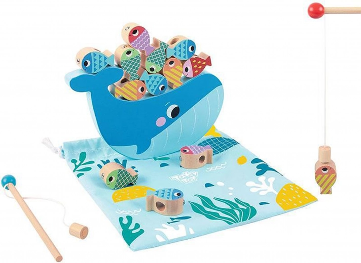 Tooky Toy Holzspiel Wal und Fische Multifunktional 4 in 1
