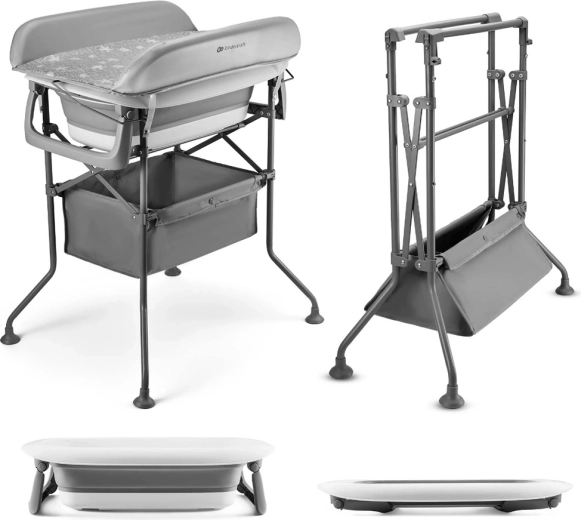 Kinderkraft Wickeltisch mit Babybadewanne Bubbly Grey – klappbarer Wickeltisch und Babywanne