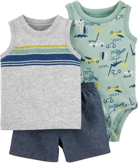 Carter's 3-teiliges Set für Jungen Grey Cars (ärmelloser Body, Unterhemd und Shorts)