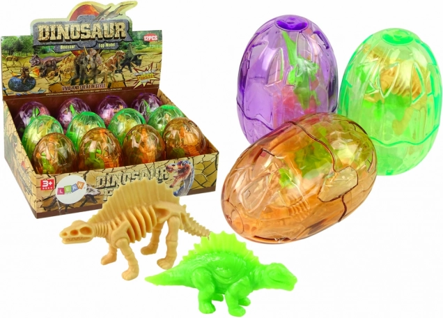 Großes transparentes Dinosaurier-Ei mit 2 Figuren, 9 cm