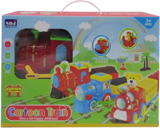 Interaktive Lokomotive für Kinder ab 3 Jahren mit Lichtern, Geräuschen und beweglichen Elementen, 2 Waggons und Zubehör