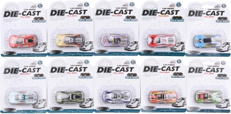 Metallenes Rennwagen im Blister auf Karte