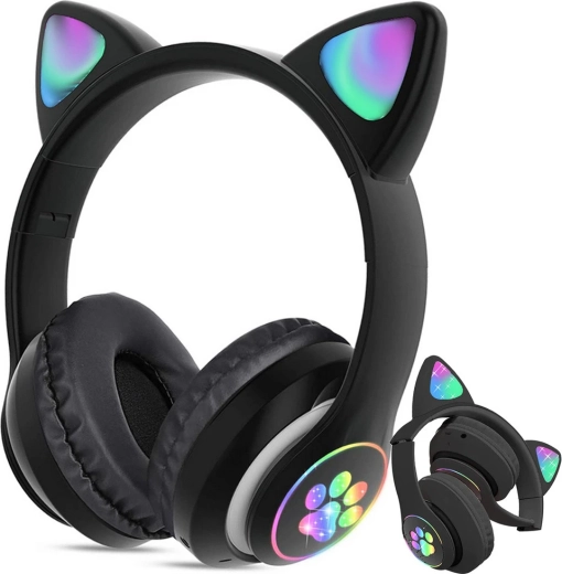 Kabellose Kopfhörer mit Katzenohren und LED-Beleuchtung, Bluetooth, FM-Radio und MP3 – Schwarz