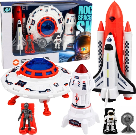 Kosmisches Spielset mit UFO, Rakete, Space Shuttle, Astronaut, Außerirdischem und Antenne
