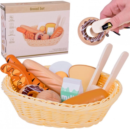 Holzkörbchen mit Backwaren und Frühstückslebensmitteln, 11-teiliges Set