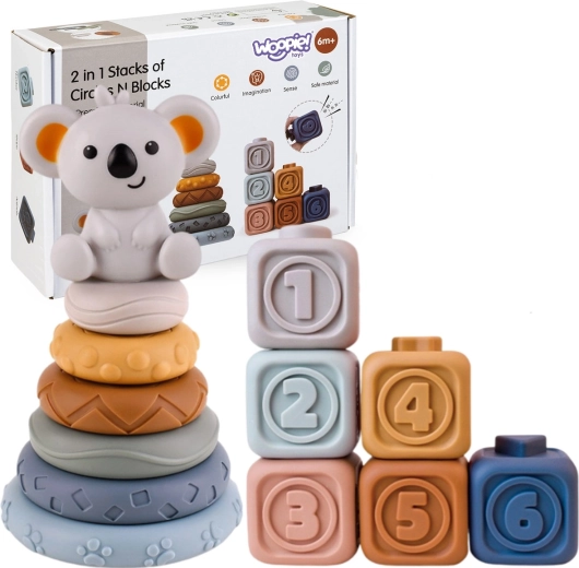 Weiche Silikon-Sensorikwürfel und Stapelringe 3-in-1 mit Koala WOOPIE