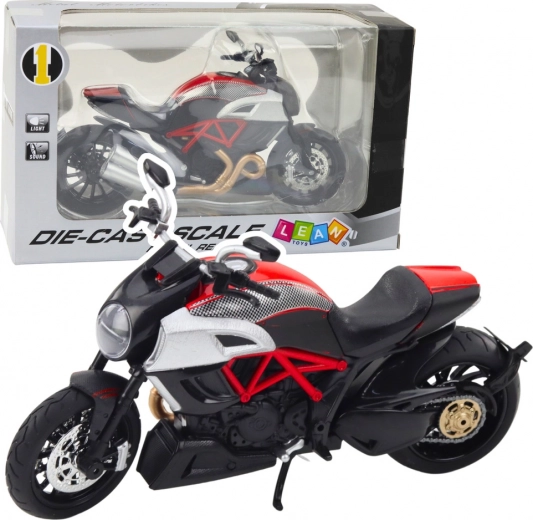 Metall-Sportmotorrad 1:12 mit Licht und Sound – schwarz mit goldenen und roten Akzenten