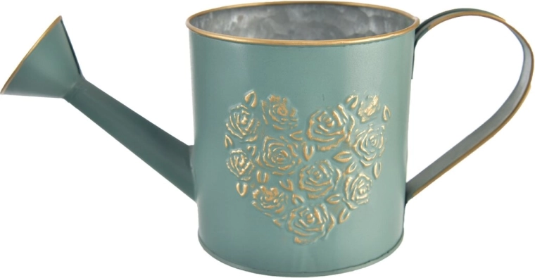Dekorative Blechkanne mit Herz in Grün-Gold